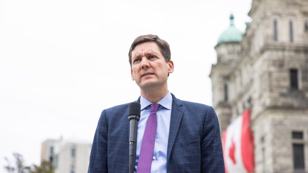 Close up photo of Premier David Eby speaking outside the B.C. legislature.