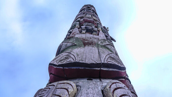 One of the three Haida-style replica poles outside of the Jim Ciccone Civic Centre