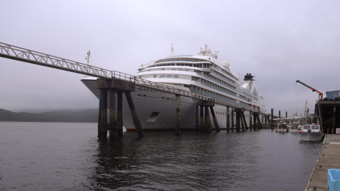 A cruise ship docked in the Prince Rupert Cruise Port
