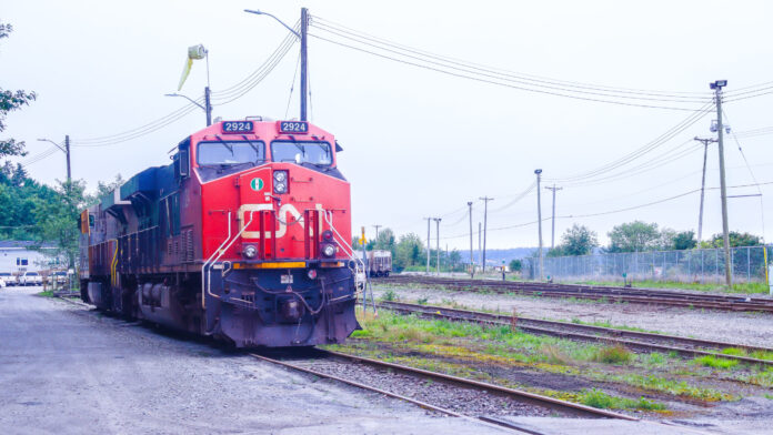 A CN train parked in the rail yard near the Wheelhouse Brewing Company in Prince Rupert