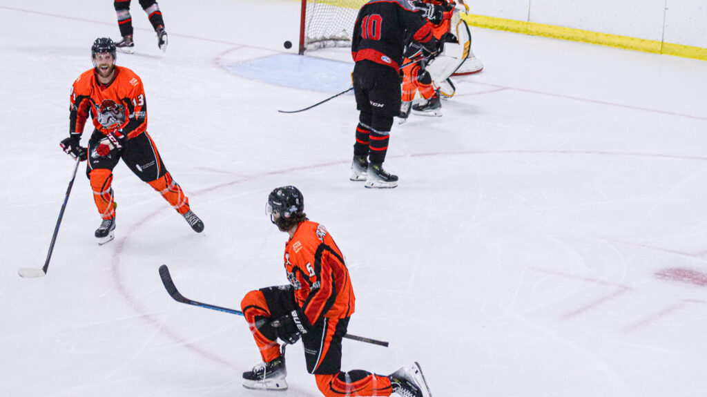 Rampage defenseman Marcus Atchison celebrating after the game-tying goal was scored 6:46 into the second period.
