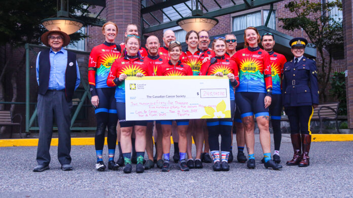 Tour De North riders gathered at the crest hotel holding up an oversized cheque