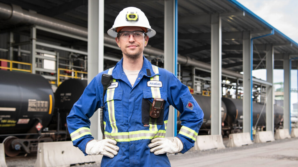An Altagas employee in protective equipment. photo courtesy of the Prince Rupert Port Authority